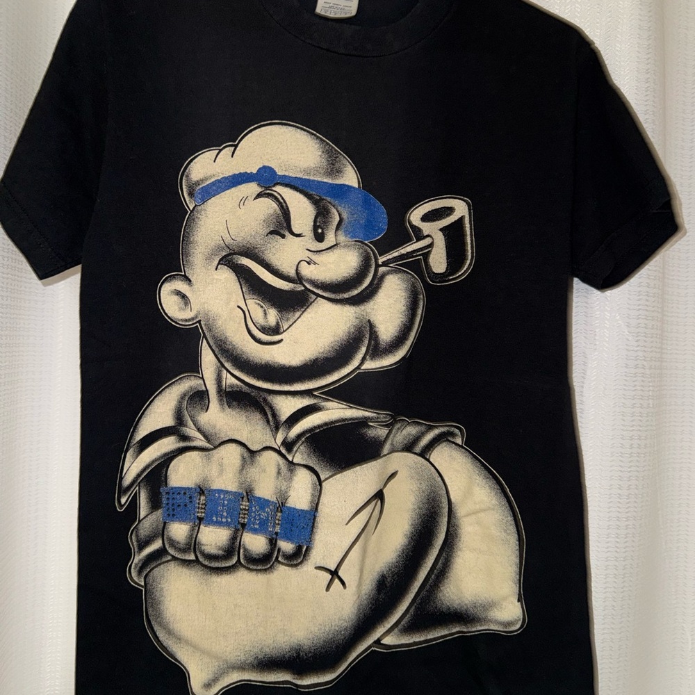 Black Graphic T-Shirt with Cartoon Print small men’s popeye shrit - Picture 2 of 7